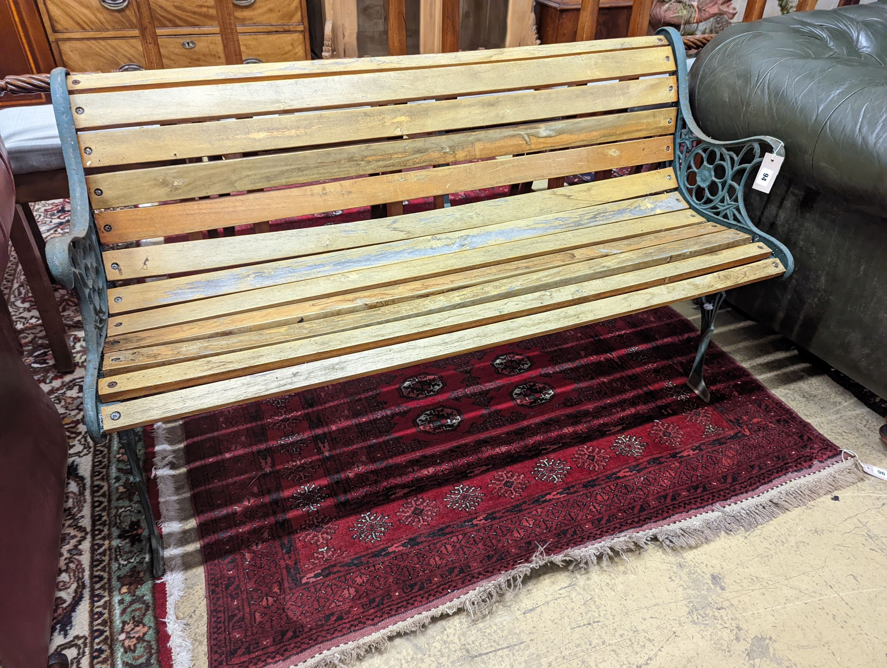 A Victorian style painted aluminium slatted garden bench, length 127cm, depth 55cm, height 67cm